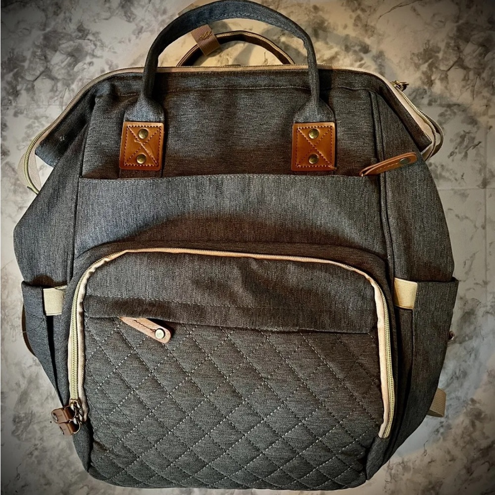 Grey Diaper Bag Backpack With Changing Station Lots Of Pockets Insulated Pocket